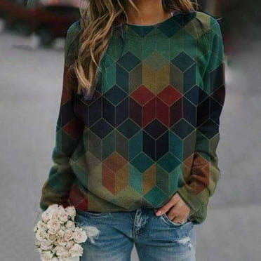 UTTOASFAY Women'S Casual Print Sweatshirts thermal Crewneck Long Sleeve T-Shirts Loose Com Clearance Green 6(M)