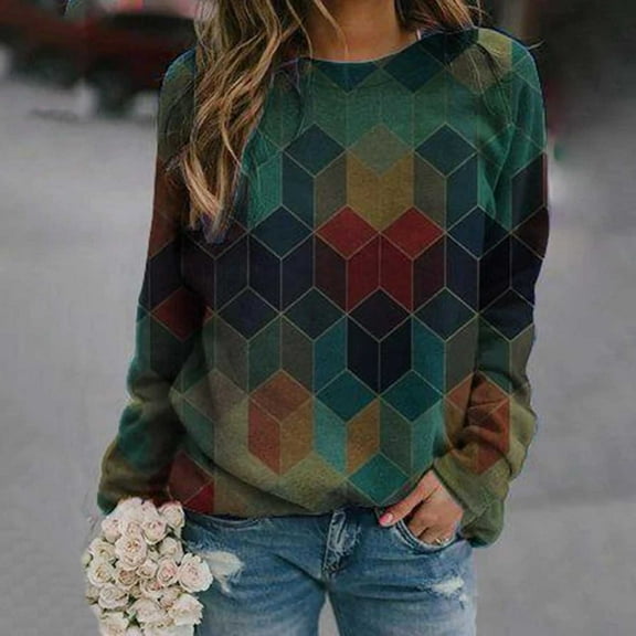 Azrian Women's Casual Print Sweatshirts Thermal Crewneck Long Sleeve T-Shirt,s Loose Com /Green 6(M)