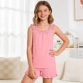 thumbnail image 2 of Laipiong Girls Clothes Summer 2 Piece Outfits Solid Color Sleeveless Ruffle Strap Tank Top and Lace Trim Shorts Casual Comfy Sleepwear Sets, 2 of 7