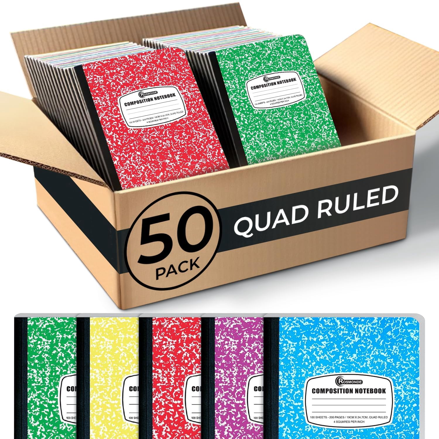 Bulk 50 Pack Quad Ruled Notebooks, 200 Pages Graph Composition Books for Office, Grid Paper Journals, Assorted Colors