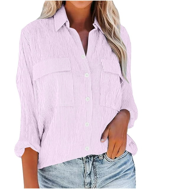 Jsaierl 3/4 Length Sleeve Womens Tops Striped Button Down Shirts Oversized Work Office Collared Blouses Comfy Loose Fit Shirts with Pockets