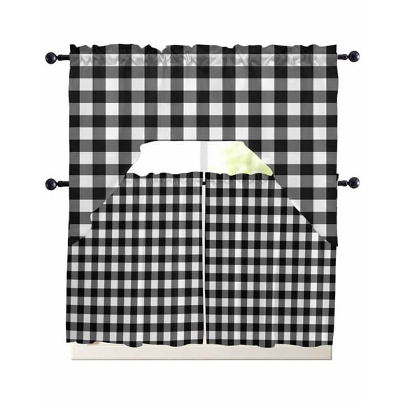 Black White Plaid Kitchen Curtains Sets 24 Inch Length with Valance, Modern Simple Buffalo Check Gingham Swag Valances and Tiers Curtain Set Drapes Swag Curtains for Living Room, Bathroom, Bedroom