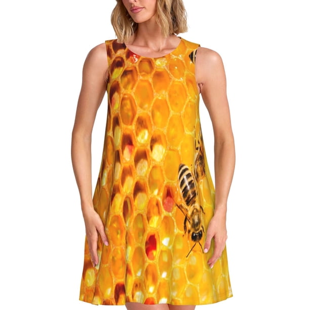 Disketp Bees on Hive Honeycomb para Vestido sin Mangas para Mujeres, Vestidos de Verano para Mujeres, Casual y Holgado para la Playa