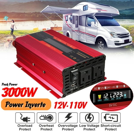 Power Inverter 3000W, DC 12V to AC 110V Car Power Inverter Adapter for Car With Clip Battery Cale + Cigarette Lighter