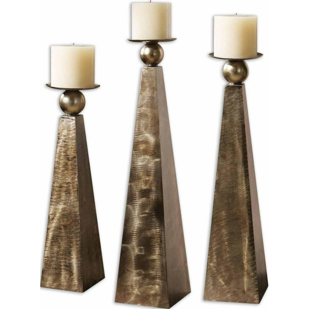 Set of 3 Antiqued Brushed Bronze Metal Pedestal Pillar Candle Holders