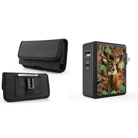 

Holster and Wall Charger Bundle for Nuu X6 Plus: Horizontal Rugged Nylon Belt Pouch Case (Black) and 45W 2 Port (Power Delivery USB-C USB-A) Power Adapter (Deer Hunter Camo)