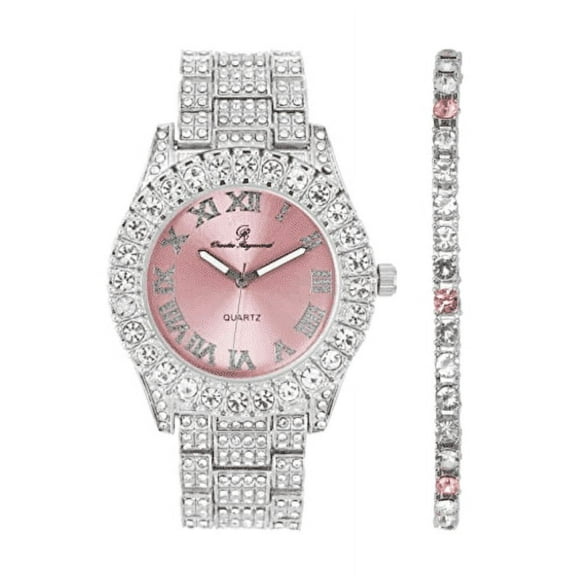 Charles Raymond Women's Big Rocks Bezel Colored Dial with Roman Numerals Fully Iced Out Watch - ST10327LA (ST10327LA SLV Pnk# - Pnk-TB)