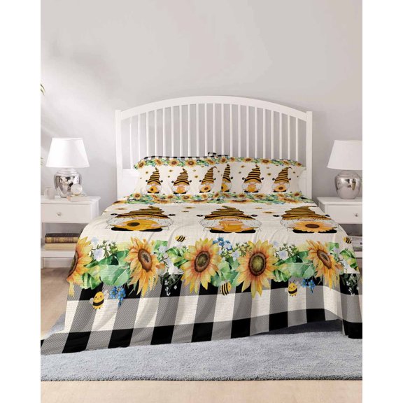 4 Piece Queen Sheet Set Spring Honey Gnomes Sheets Set for Queen Size Bed, Breathable Soft Microfiber Bed Sheets Cooling Farmhouse Sunflower Black Checkered Fitted Sheet Deep Pocket, Pillowcases