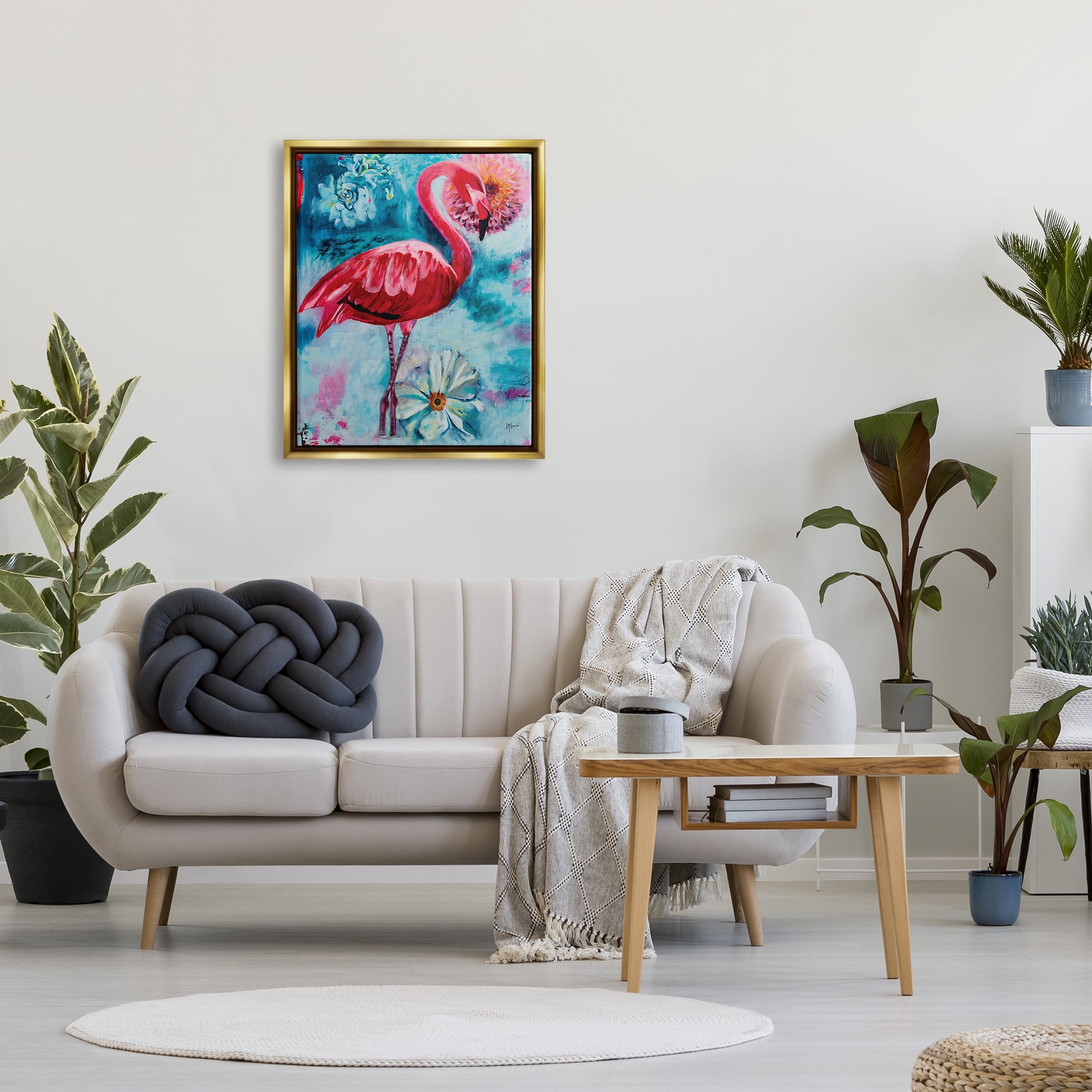 Stupell Industries Modern Flamingo & Blooms Animals & Insects Painting Gold Floater Framed Canvas Art Print Wall Art, 25 x 31