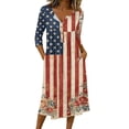 thumbnail image 2 of Patriotic Dresses for Women 3/4 Sleeve V-Neck Button Down A-Line Midi American Flag 4th of July Summer Dress with Pockets, 2 of 7