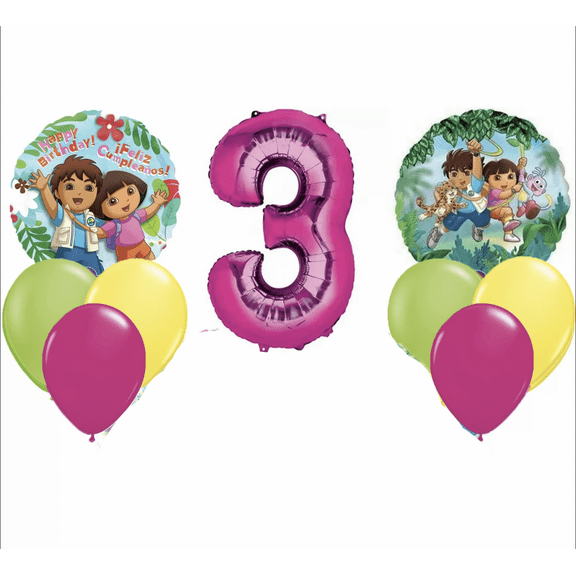 Dora the Explorer Birthday Balloon Bouquet, Bright Pink, Number 3, 10 Pieces