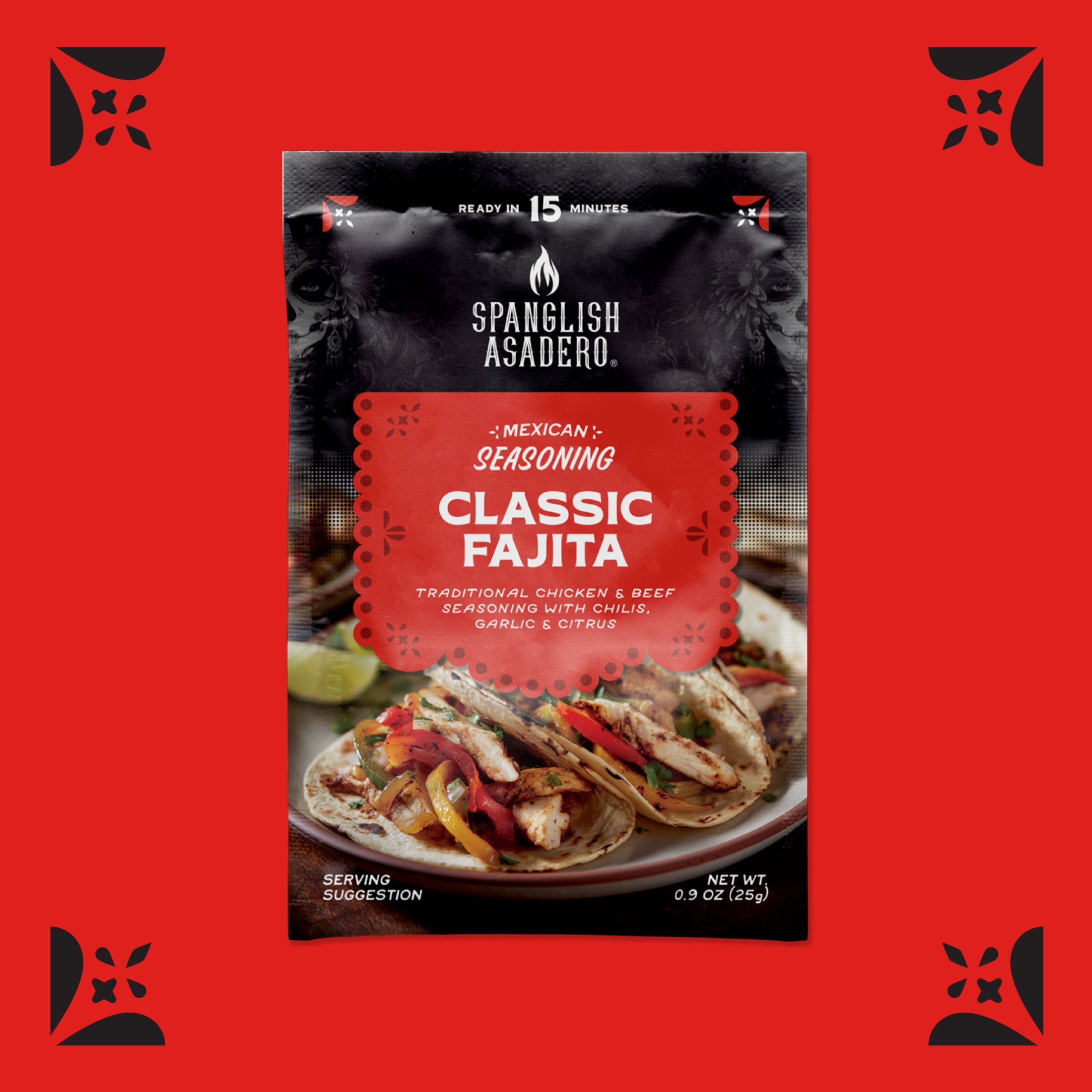 Spanglish Asadero Fajita Seasoning Blend with Garlic, Chilis, Spices & Citrus, 0.9 oz Packet