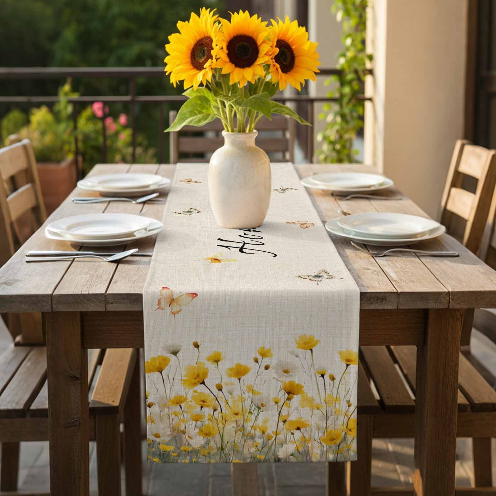 Home Sweet Home Cotton Linen Table Runner Watercolor Spring White Yellow Floral Butterfly Linen Texture Dining Table Runners for Home Decor Party Dining Room Restaurant Kitchen 13" x 108"