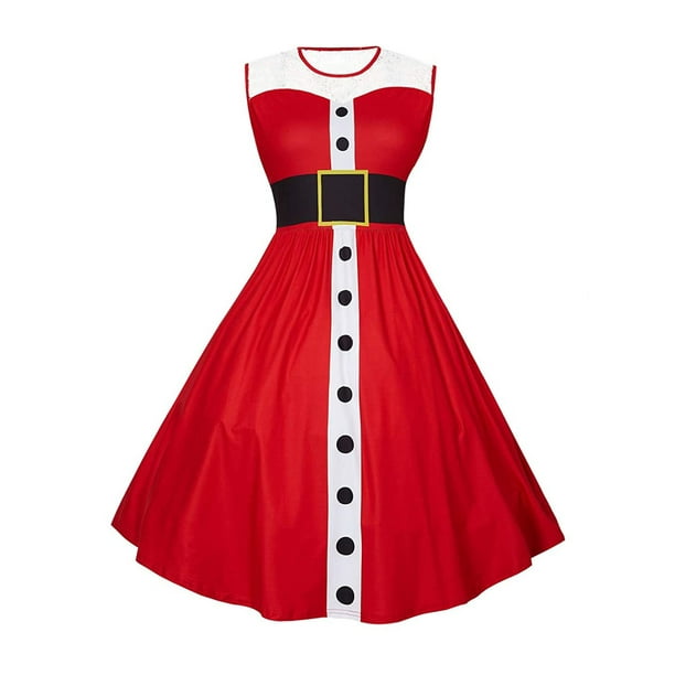 Lucakuins Vestido de mujer, vestido midi de encaje sin mangas con cuello redondo y estampado de estilo navideño para fiesta navideña Lucakuins moda