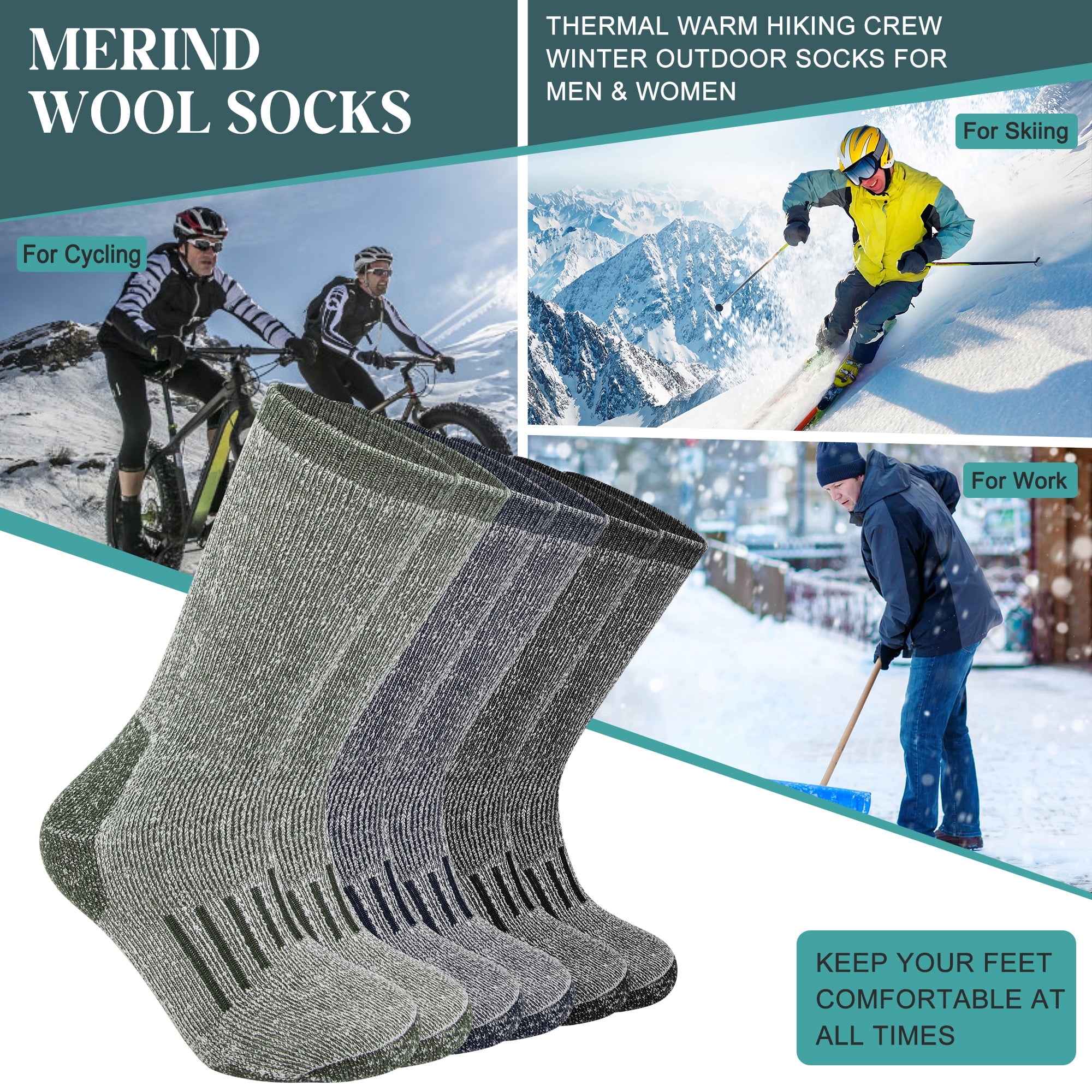 KOITHOT 3 Pack Merino Wool Socks for Men & Women, Thermal Boot Warm Hiking Socks