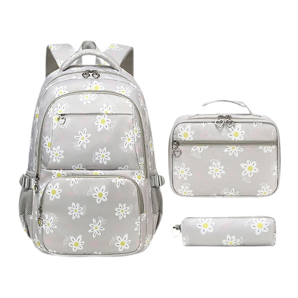 Mochila ligera y resistente al agua con estampado de margaritas para niñas. Gris