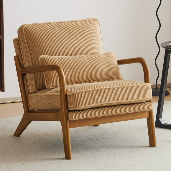 Ktaxon Accent Chair Corduroy Upholstered Armchair, Reading Club Chair with Pillow and Solid Wood Frame for Living Room Bedroom Furniture Khaki
