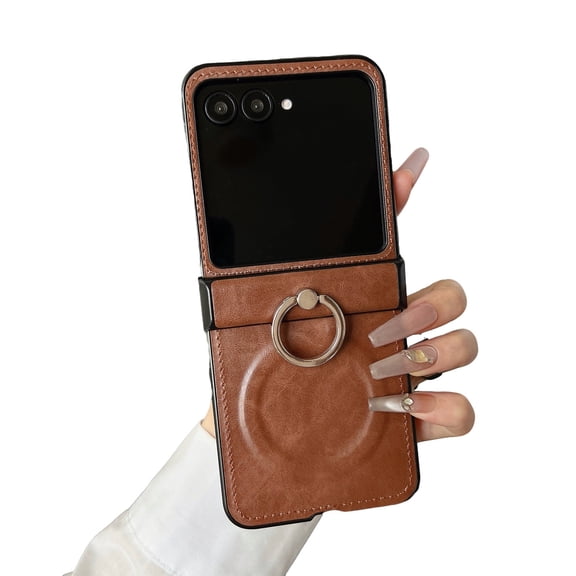 Allytechgroup Magnetic Case for Moto Razr  2023 with Grip Ring Holder, Compatible with Magsafe Premium PU Leather Shockproof Anti-Scratch Bumper Slim Fit Kickstand Phone Cover Case, Brown