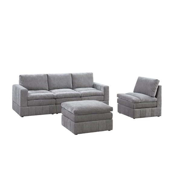 Newboti Furniture Contemporary 5pc Set Modular Sectional Set 2x One Arm Chair / Wedge 2x Armless Chair 1x Ottoman Granite Color Morgan Fabric Plush Living Room Furniture 04879