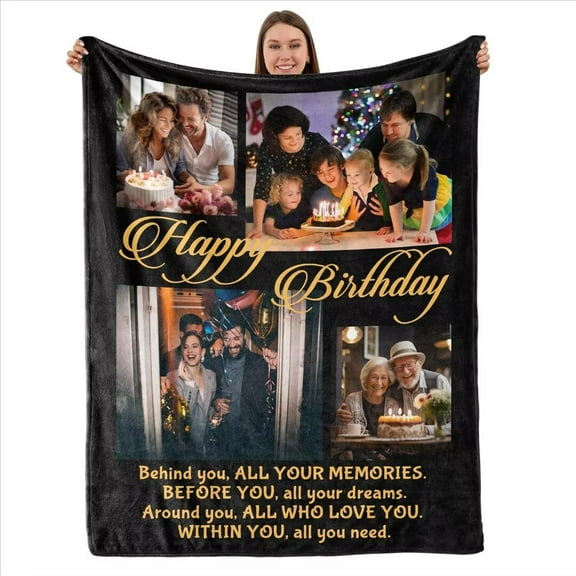 AISENIN Happy Birthday Gifts Customized Birthday Picture Blanket Personalized Throw with 4 Photos Cozy Heartwarming Gift Ideal Keepsake Gift for Loved Ones