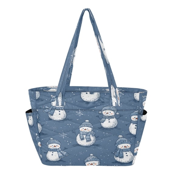 Quilted Tote Bag Large Capacity Multi-Compartment Handbag Lightweight Structured Shoulder Bag Versatile Casual Bag Snowflakes and Smiling Snowmen