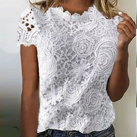 SNKSDGM Women s Plus Casual Easter Shirts for Women Plus Size Tops for Women 3/4 Sleeve Spring and Summer New Women s Short Sleeved Lace Shirt Business Casual Tops for Women Bodysuit