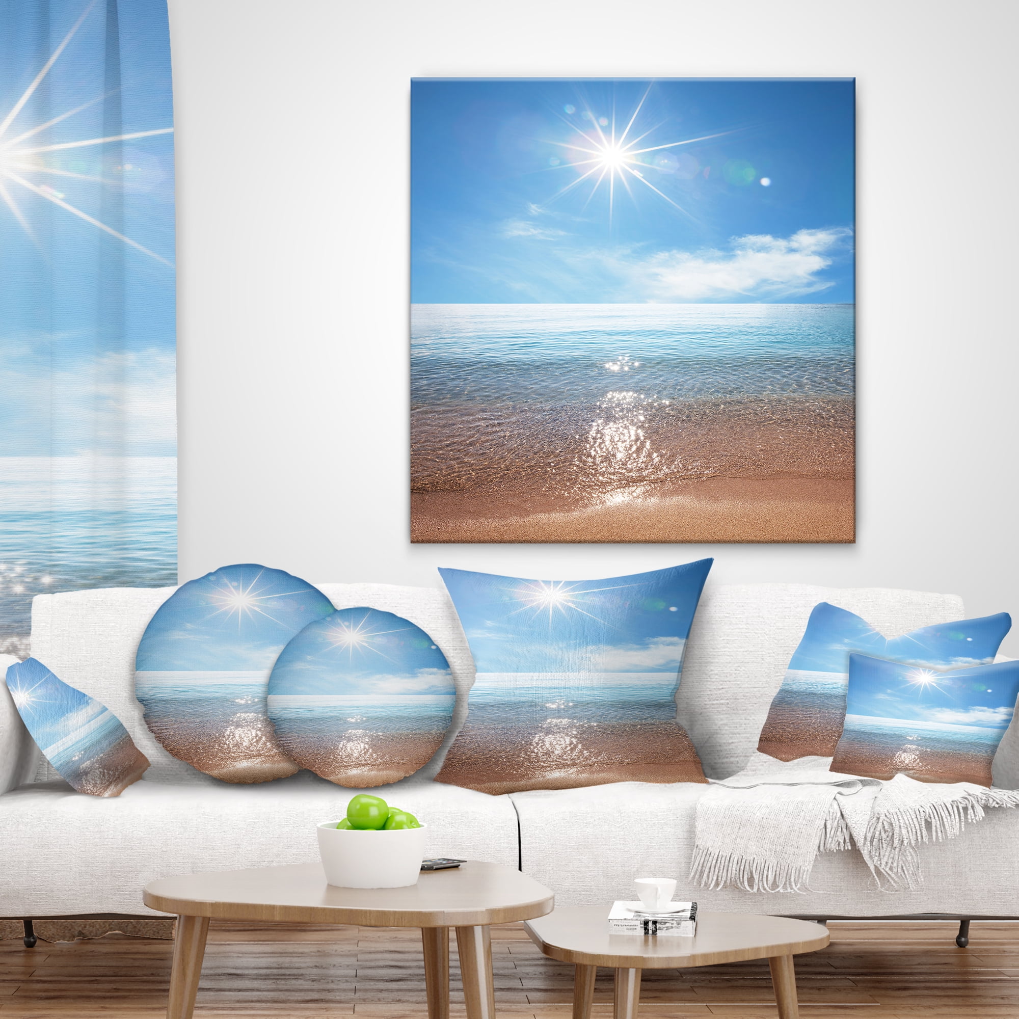 Designart Serene Seascape with Bright Sun - Modern Beach Throw Pillow - 18x18