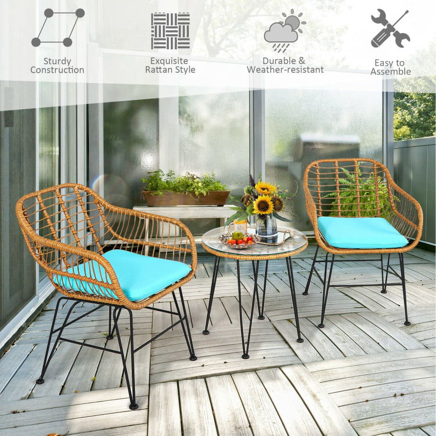 Aimee Lii 3 Pieces Rattan Furniture Set with Cushioned Chair Table, Outdoor Patio Furniture, Turquoise Aimee Lii 3 Pieces Rattan Furniture Set with Cushioned Chair Table, Outdoor Patio Furniture, Turquoise