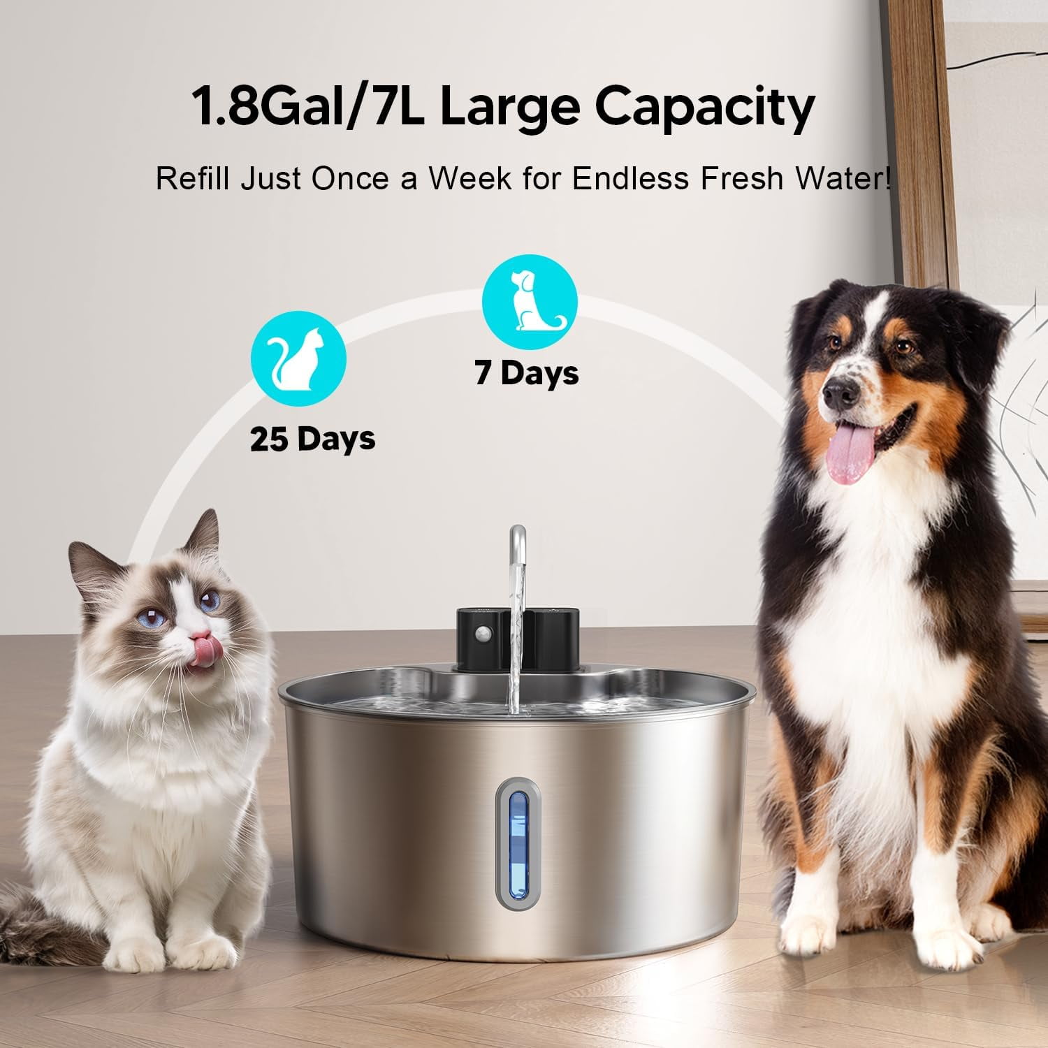 Dog Water Fountain: 1.8Gal/7L Wireless Stainless Steel Dog Fountain Bowl for Small to Large Dogs, Battery Operated Pet Water Dispenser Indoor with Ultra-Quiet Pump, Easy Clean, 6 Filter