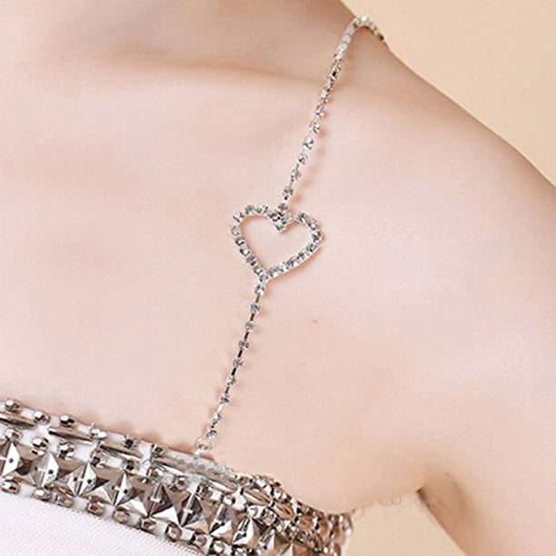 Dual-Chain Decorative Bra Straps Bling Crystal Rhinestone Adjustable  Removable Fancy Bra Strap Replacement For Bra Tops Dress (Heart)
