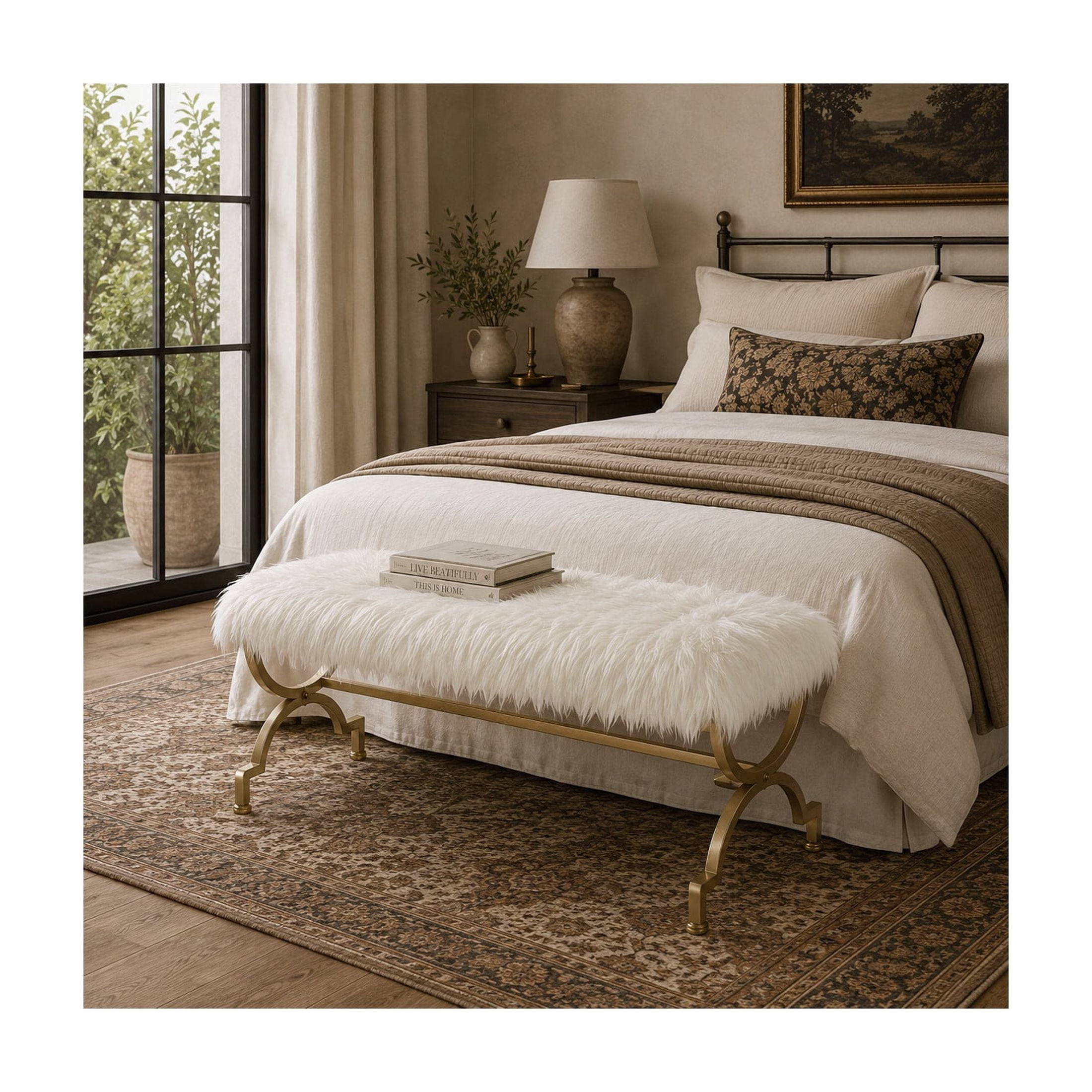 DecMode Metal Bench with White Faux Fur Top, Gold