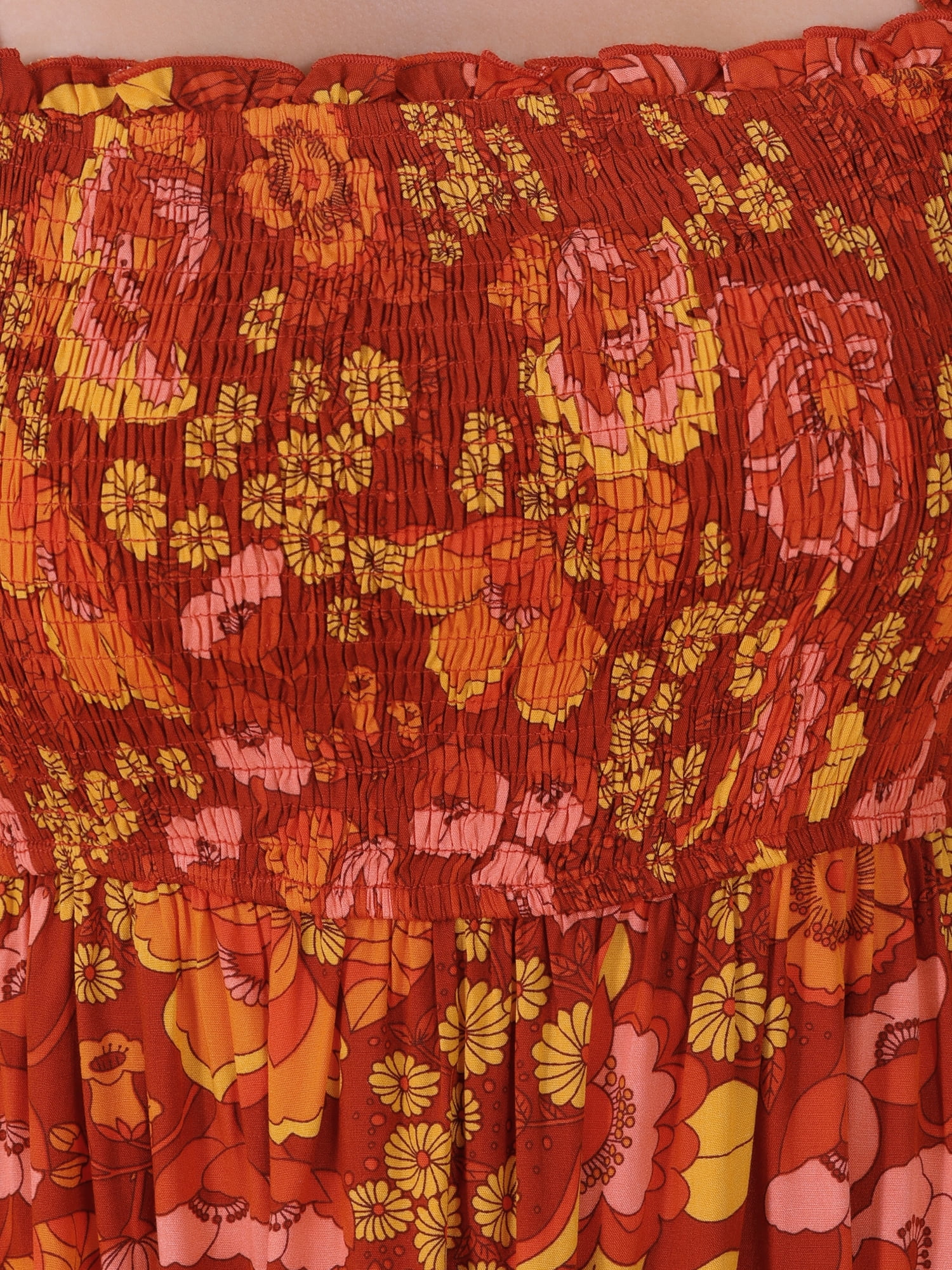 DARING DIVA Floral Smocked Sleeveless Square Neck Ruffled Dress S Red Orange