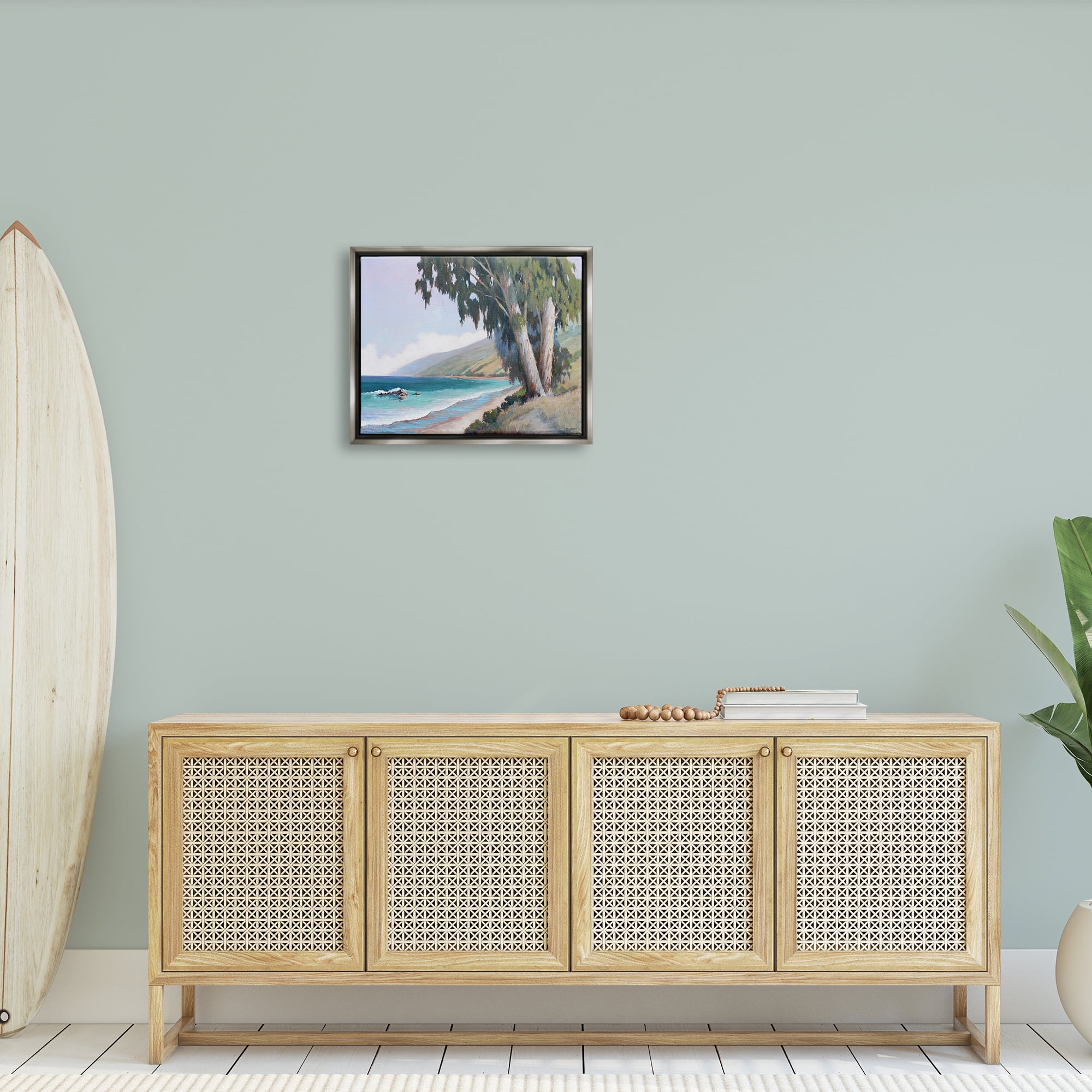 Stupell Seaside Vegetation Beach Waves Cove Landscape Painting Gray Floater Framed Art Print Wall Art