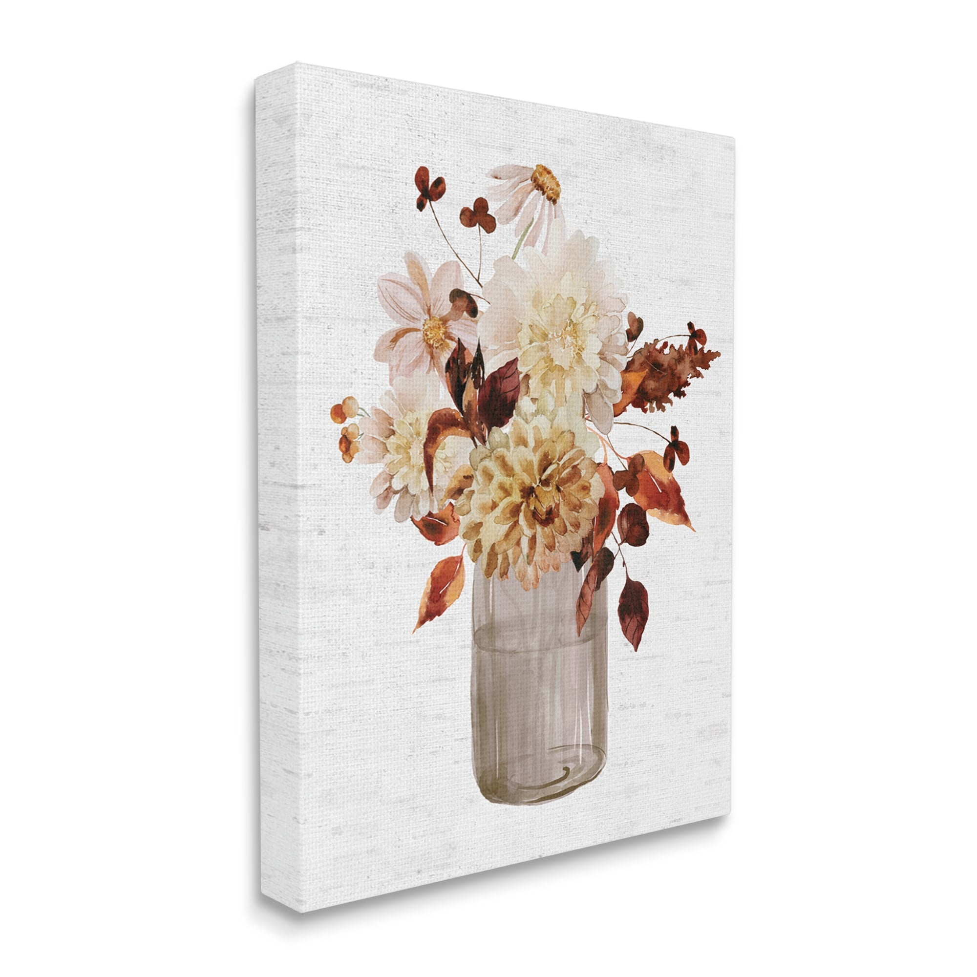 Lovely Autumnal Flower Bouquet Rustic Grain Pattern Botanical & Floral Painting Gallery-Wrapped Canvas Print Wall Art
