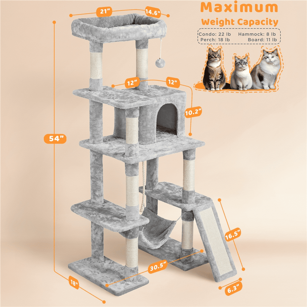 Yaheetech 54" Tall Multilevel Plush Cat Tree with Hammock Scratching Posts, Light Gray