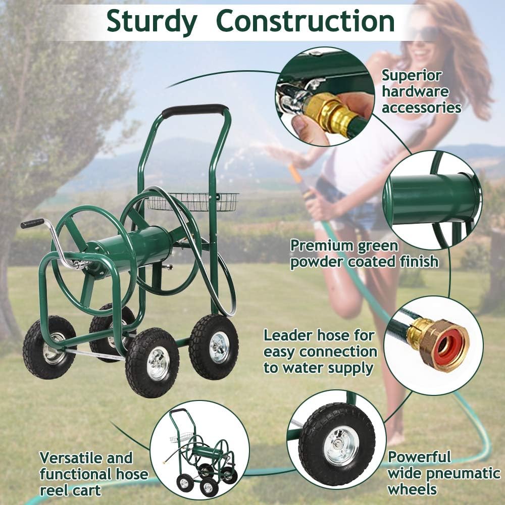 Dkelincs Garden Hose Reel Cart with Wheels 300 Ft of 5/8 in×6Ft Steel Portable Water Hose Reel with Storage Basket, Green