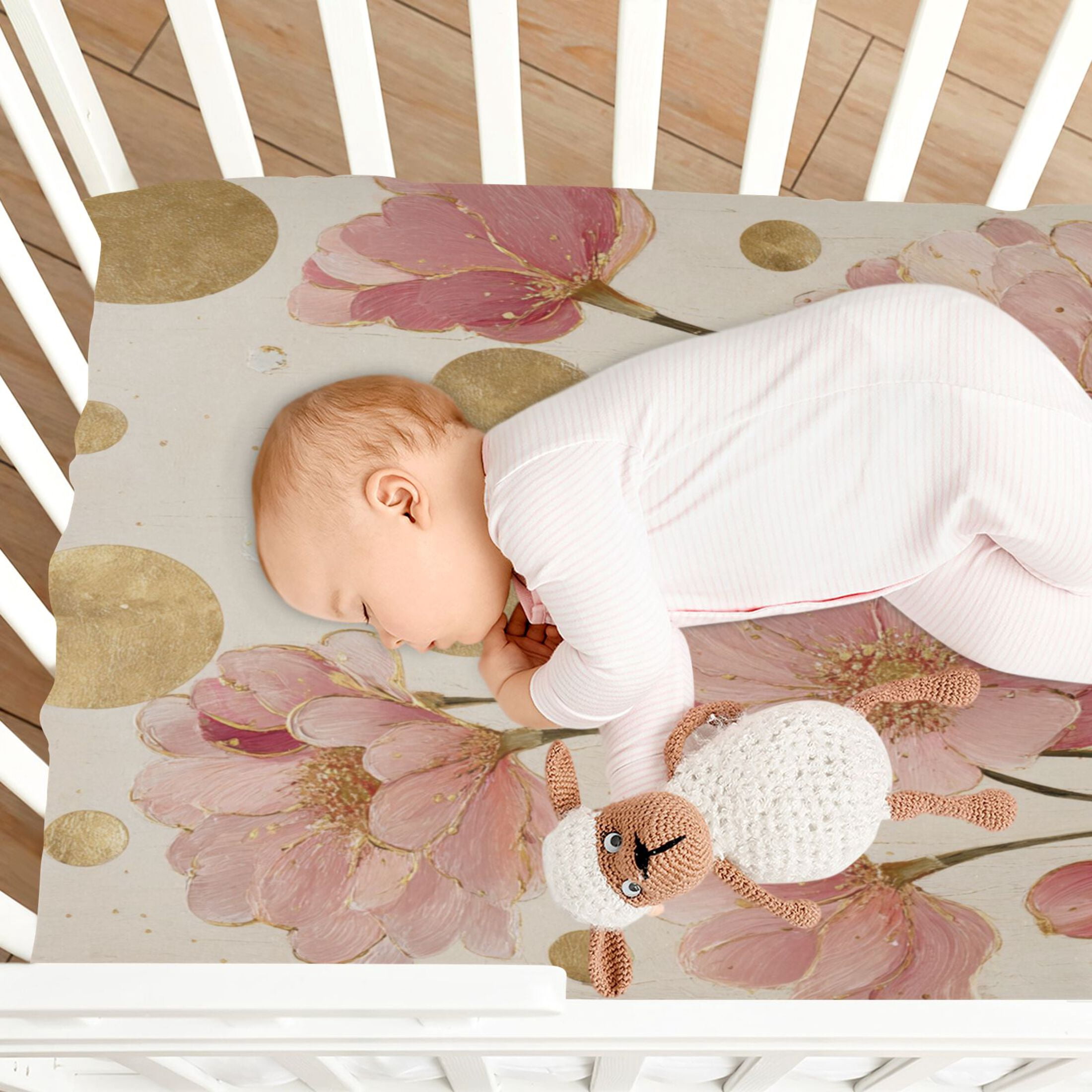 Baby Essentials 52”x 28”- Standard Cotton-like Modal Elastic- Pink-gold Design Crib Sheets for Newborns and Toddlers