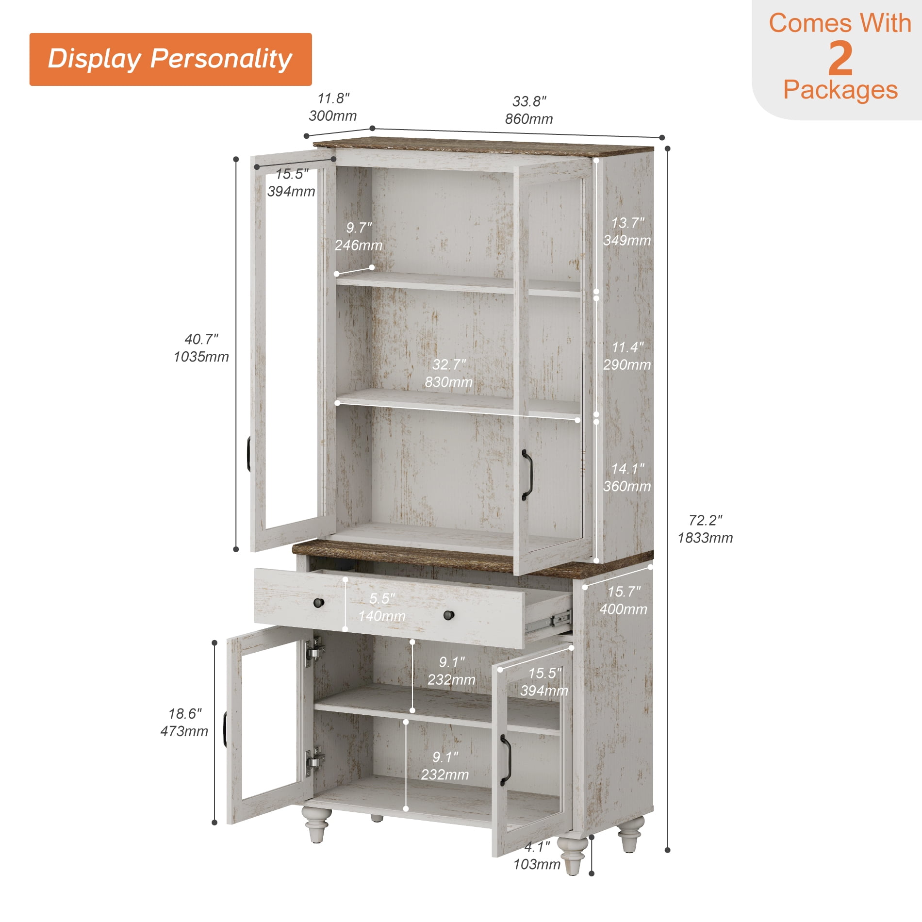72.1"H × 33.9"W Farmhouse Wooden Bookcase with Glass Doors and Drawer, Large Storage Bookshelf for Living Room, Bedroom, Home Office & Kitchen, Rustic white