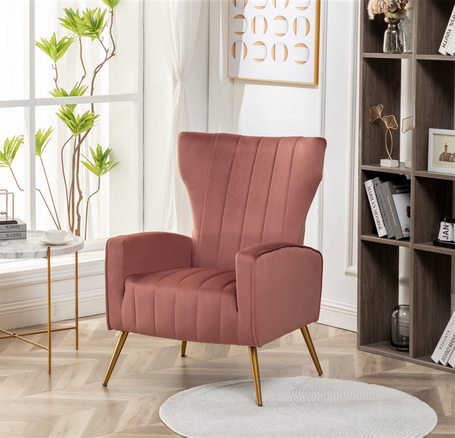 US Pride Furniture Kaleigh 27.56"W Velvet Sofa Chair with Metal Legs, Pink