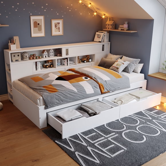 Full Size Daybed (54" x 75") - Multifunctional  Storage Bed Frame with Under-Bed Storage Drawers & Built-in Shelves, Space-Saving Kids/Teen Bed, Mattress Not Included, For Small Bedroom, White