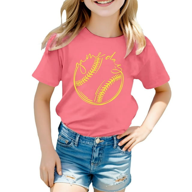 NINGMENG Hauts et T-Shirts pour Filles, Imprimé Baseball d'Été, Col Rond, Manches Courtes, Chandail Décontracté, Rose, 5-6 Ans