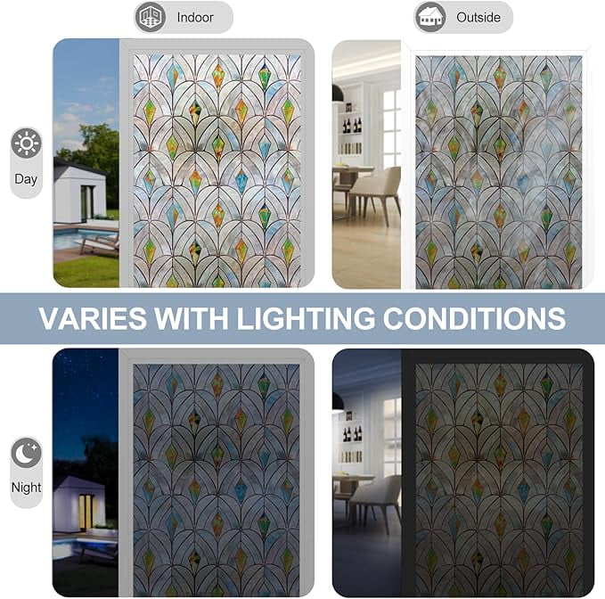 3D Stained Glass Window Film, Decorative Window Privacy Film for Bathroom,Front Door,Home, Sun Blocking Heat Control,Static Cling,Malachite, 23.6inch x 70.8inch
