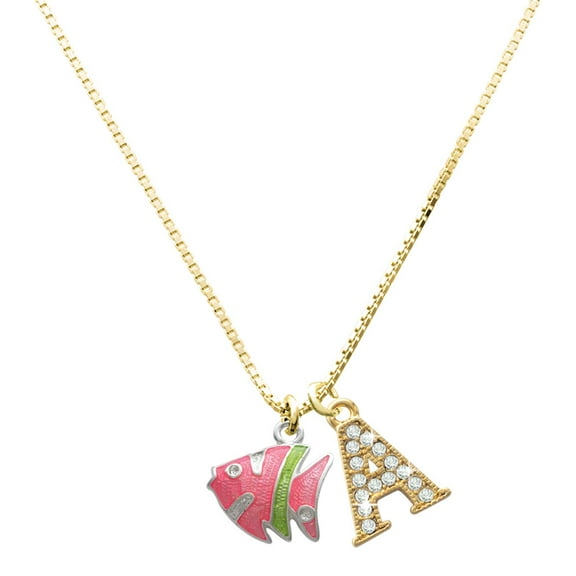 Delight Jewelry Silver-tone Hot Pink Tropical Fish with Lime Green Stripe - Large Goldtone Crystal Initial - A - Charm Necklace, 17.5" 2"