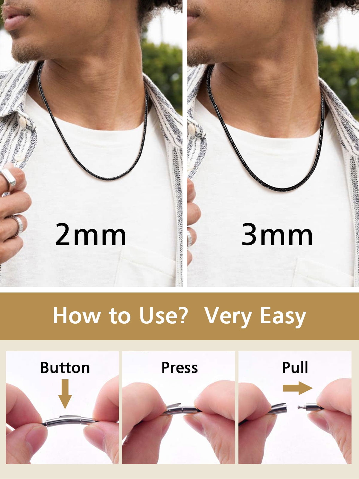 FindChic Black Waterproof Braid Leather Cord Necklace for Men, 2mm/3mm Width 16-30 inch Stainless Steel Chain Necklace Waxed Rope Chain to Match Pendant for Dad Husband, with Gift Box