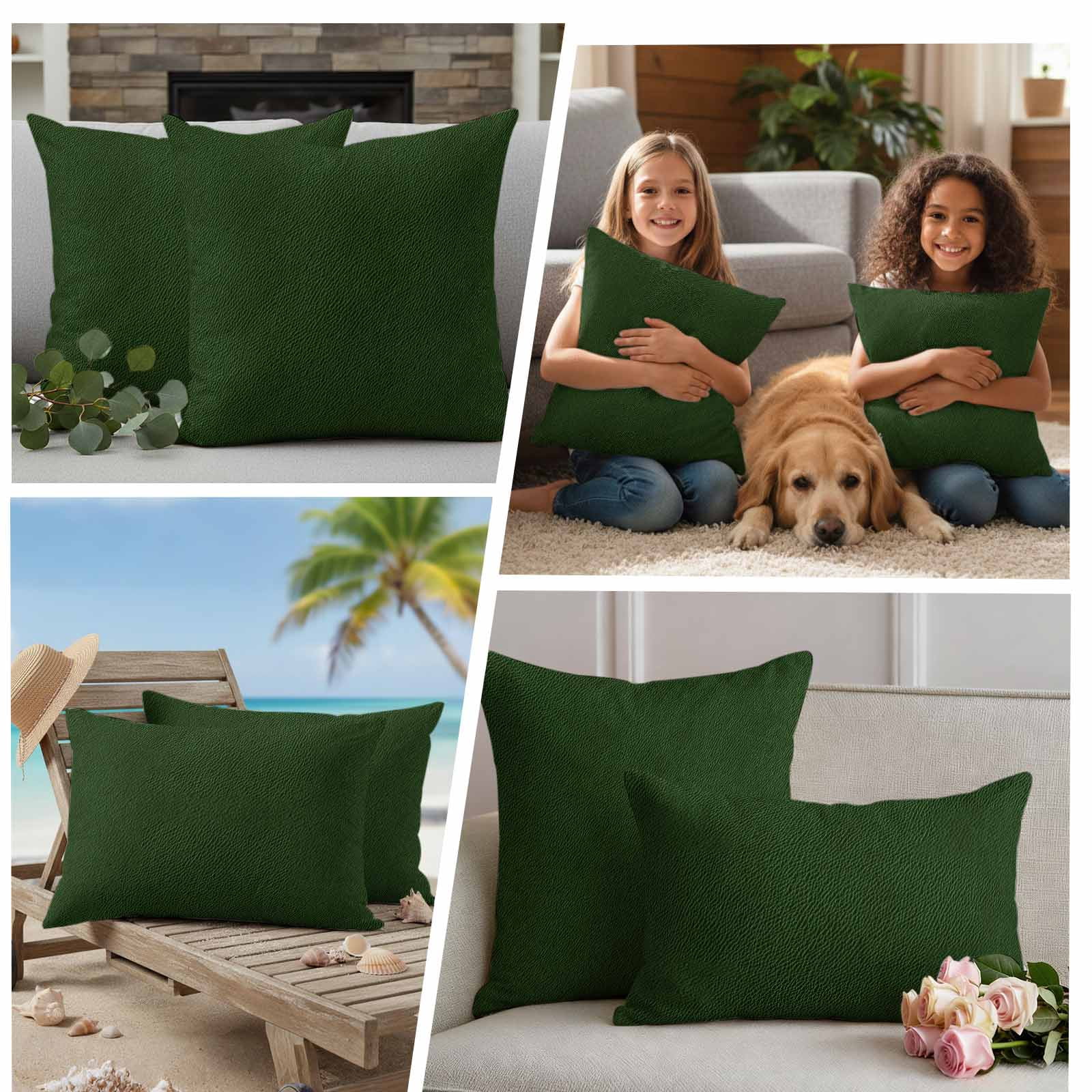 Solid Dark Green Outdoor Waterproof Pillow Covers, Retro Minimalism Abstract Denim Texture Decorative Square Throw Pillowcase Sofa Cushion Sham for Patio/Couch/Chair, 18"x18" 2 Pack
