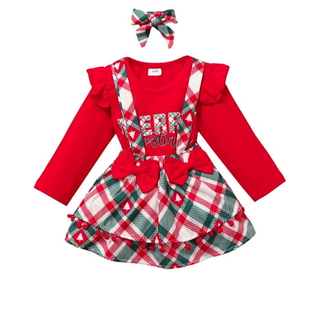 

Meihuida Baby Girl’s Christmas Print Romper and Bow Suspender Skirt Headband