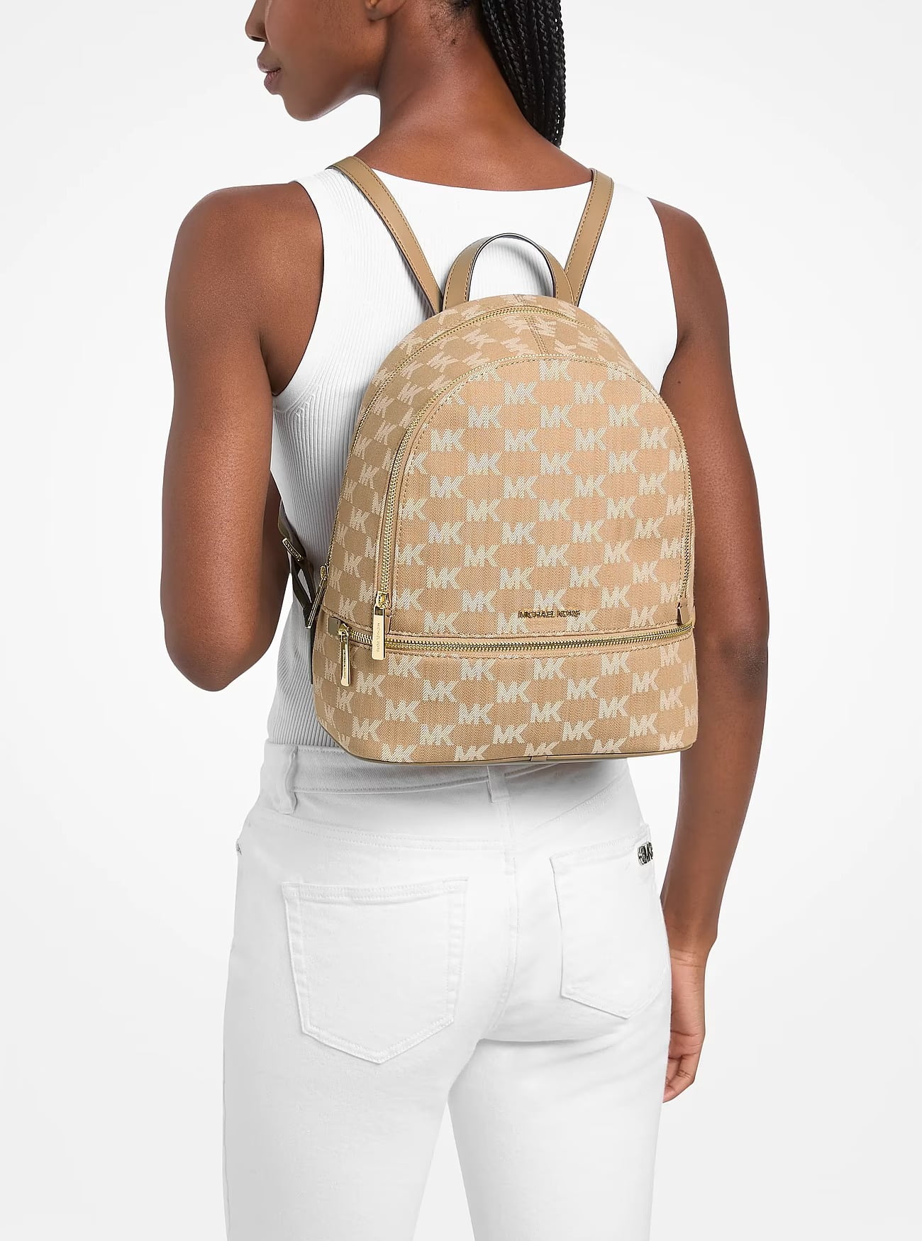 Michael Kors Rhea Medium Backpack in Signature Brown MK logo canvas Michael Kors Rhea Medium Pebbled Leather Bookbag, Logo  main image 2