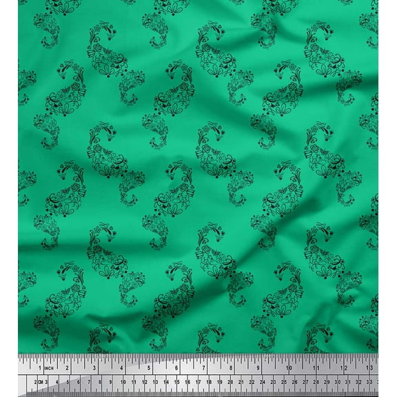Soimoi Green Cotton Duck Fabric Black Sketch Floral & Paisley Print Fabric by Yard 42 Inch Wide