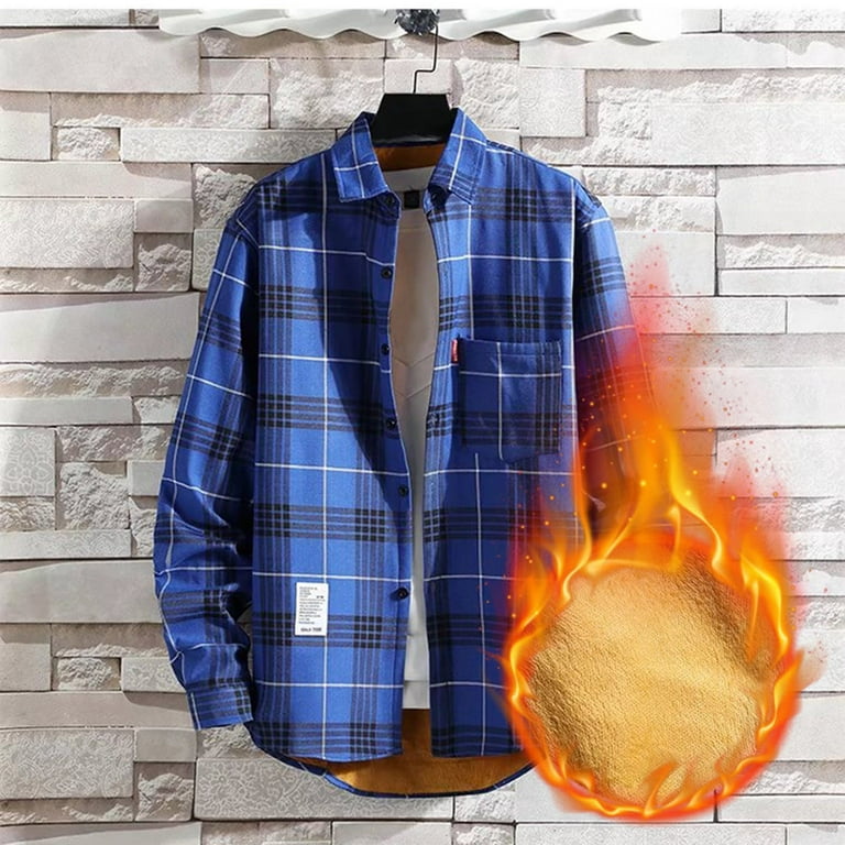 JSGEK Discount Men's Quilted Lined Flannel Jackets Thicken Plaid Shirt  Jacket Casual Long Sleeve Button Down Shirts Pocket Jackets for Men Blue M  