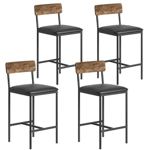Conjunto de 4 Taburetes Altos Rústicos – Taburetes de Barra de 94 cm con Asiento y Respaldo de Piel Sintética y Reposapiés – Patas de Metal, Fáciles de Ensamblar